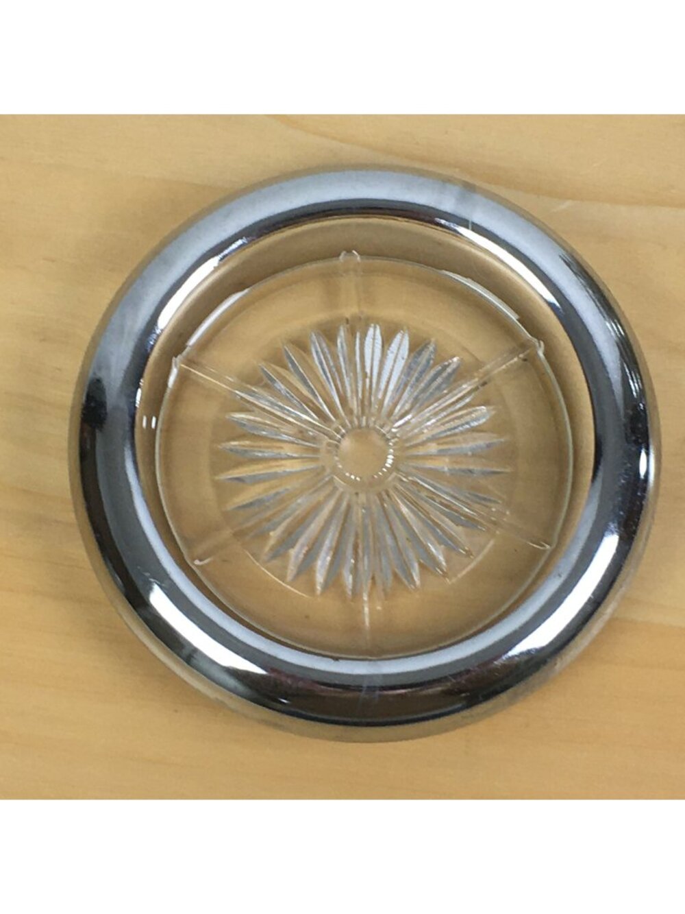 Vintage Starburst Stackable Cut Glass Coasters with Silvertone Trim  Set of 4
